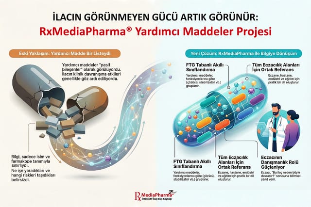 İlacın görünmeyen gücü artık görünür: solda kırık kapsülle anlatılan eski yaklaşım, sağda FTG tabanlı akıllı sınıflandırma, tüm eczacılık alanları için ortak referans ve güçlenen danışmanlık rolü