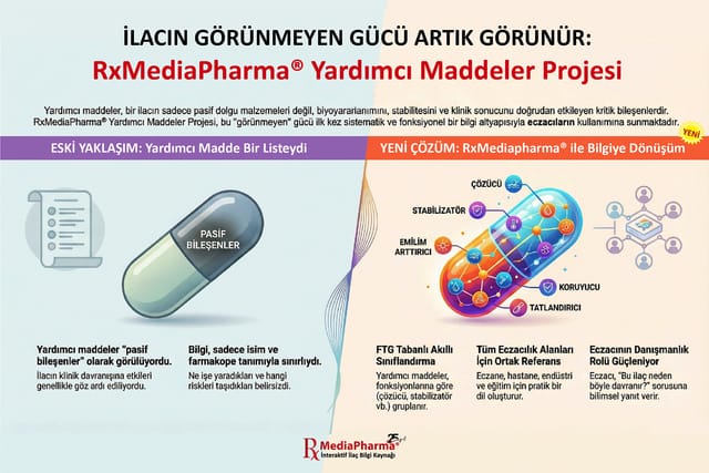 Yardımcı Maddeler Projesi: solda pasif bileşenler olarak görülen kapsülle eski yaklaşım, sağda çözücü, stabilizatör, emilim artırıcı, koruyucu ve tatlandırıcı işlevleriyle tanımlanan yardımcı maddeler